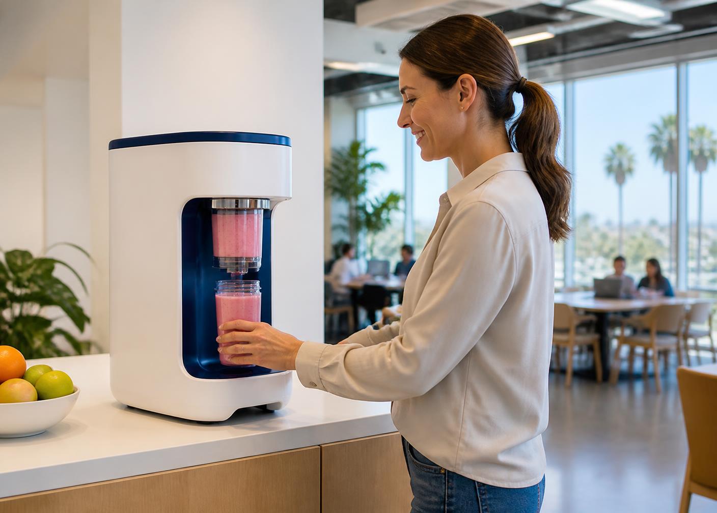 Someone getting a fresh smoothie from a Vyva Blend kiosk in a SoCal office break area